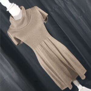 CALVIN KLEIN! RICH TAUPE BEIGE/TAN W/GOLD METALLIC KNIT SWEATER DRESS! SZ M